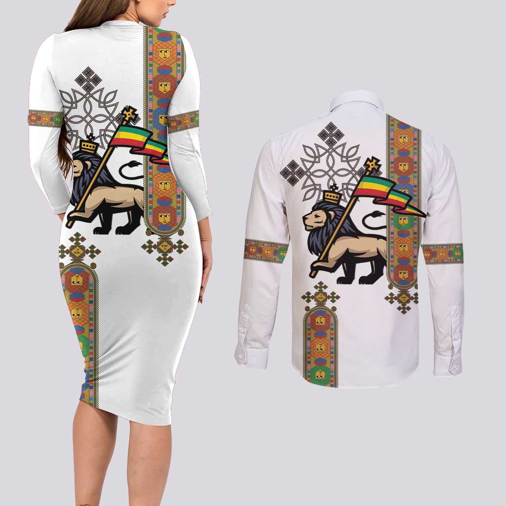 Ethiopia Saba Kemis Couples Matching Long Sleeve Bodycon Dress and Long Sleeve Button Shirt Ethiopian Cross Lion Of Judah