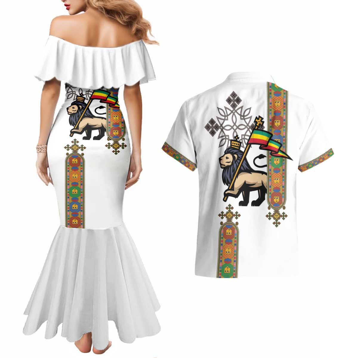 Ethiopia Saba Kemis Couples Matching Mermaid Dress and Hawaiian Shirt Ethiopian Cross Lion Of Judah