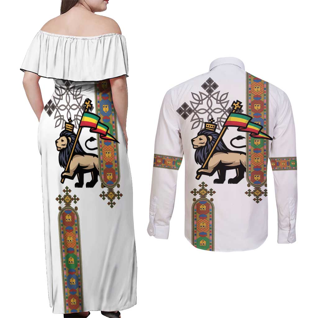 Ethiopia Saba Kemis Couples Matching Off Shoulder Maxi Dress and Long Sleeve Button Shirt Ethiopian Cross Lion Of Judah