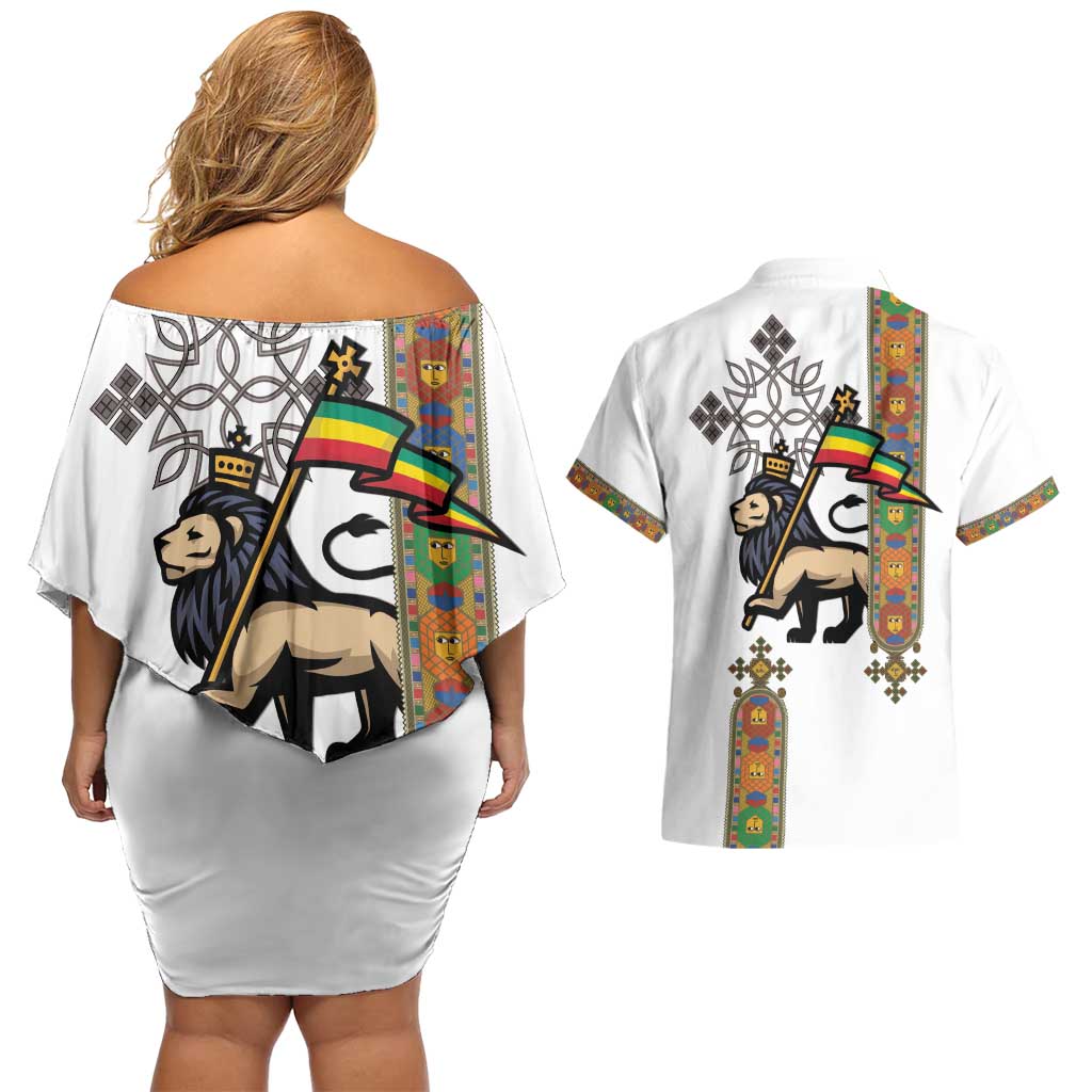 Ethiopia Saba Kemis Couples Matching Off Shoulder Short Dress and Hawaiian Shirt Ethiopian Cross Lion Of Judah