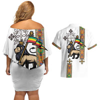 Ethiopia Saba Kemis Couples Matching Off Shoulder Short Dress and Hawaiian Shirt Ethiopian Cross Lion Of Judah