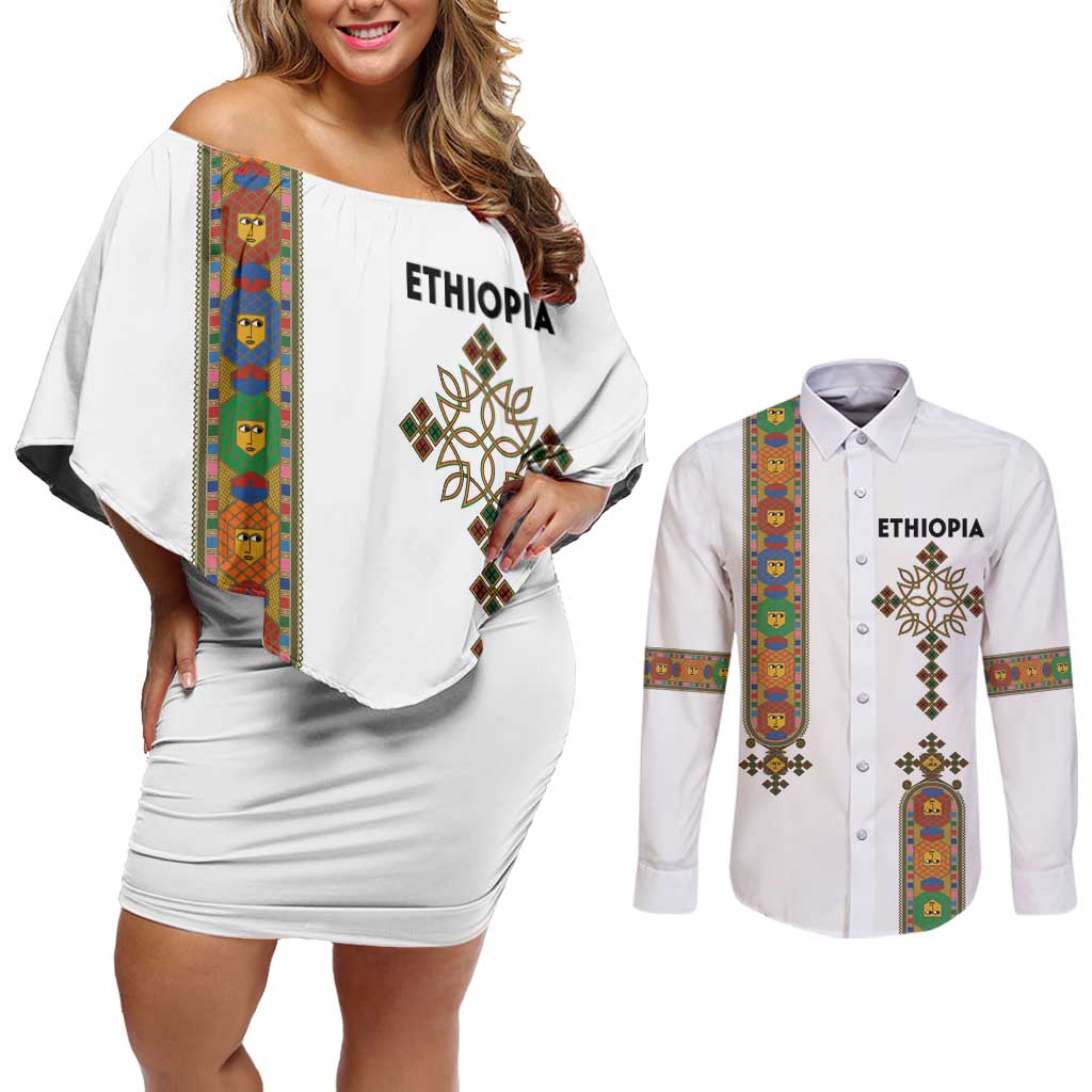 Ethiopia Saba Kemis Couples Matching Off Shoulder Short Dress and Long Sleeve Button Shirt Ethiopian Cross Lion Of Judah