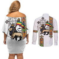 Ethiopia Saba Kemis Couples Matching Off Shoulder Short Dress and Long Sleeve Button Shirt Ethiopian Cross Lion Of Judah