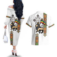 Ethiopia Saba Kemis Couples Matching Off The Shoulder Long Sleeve Dress and Hawaiian Shirt Ethiopian Cross Lion Of Judah