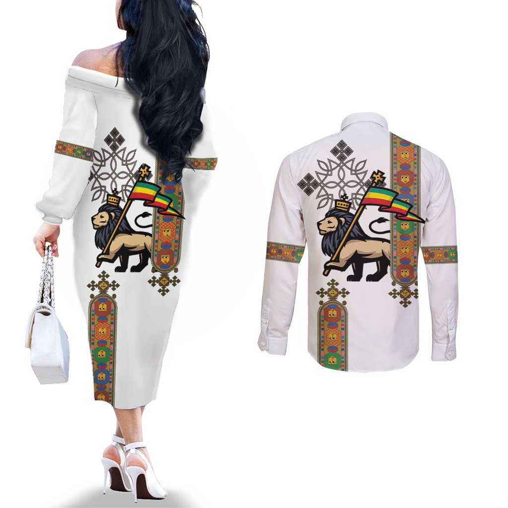 Ethiopia Saba Kemis Couples Matching Off The Shoulder Long Sleeve Dress and Long Sleeve Button Shirt Ethiopian Cross Lion Of Judah