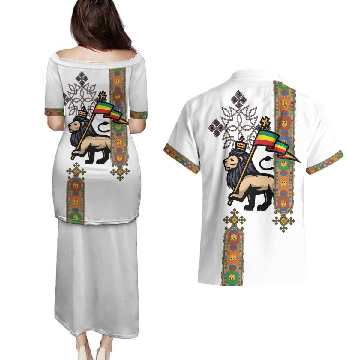 Ethiopia Saba Kemis Couples Matching Puletasi and Hawaiian Shirt Ethiopian Cross Lion Of Judah