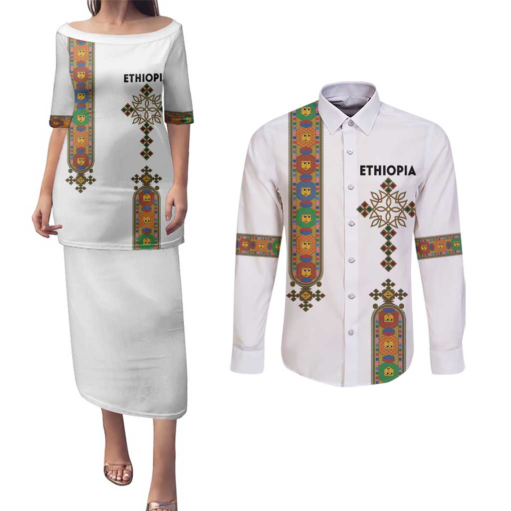 Ethiopia Saba Kemis Couples Matching Puletasi and Long Sleeve Button Shirt Ethiopian Cross Lion Of Judah