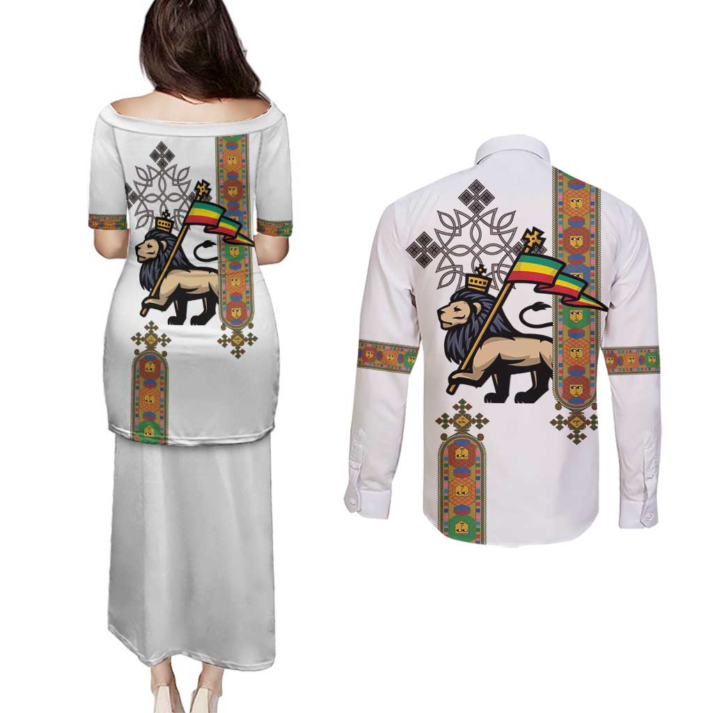 Ethiopia Saba Kemis Couples Matching Puletasi and Long Sleeve Button Shirt Ethiopian Cross Lion Of Judah