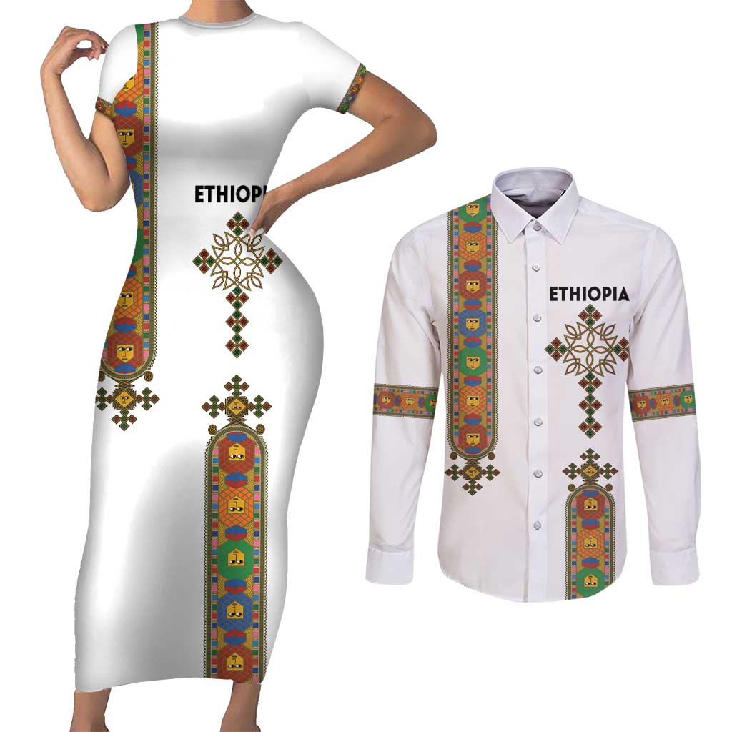 Ethiopia Saba Kemis Couples Matching Short Sleeve Bodycon Dress and Long Sleeve Button Shirt Ethiopian Cross Lion Of Judah
