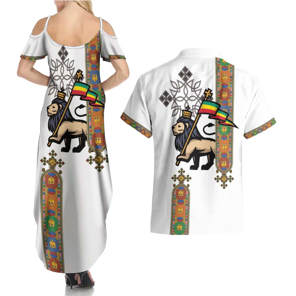 Ethiopia Saba Kemis Couples Matching Summer Maxi Dress and Hawaiian Shirt Ethiopian Cross Lion Of Judah