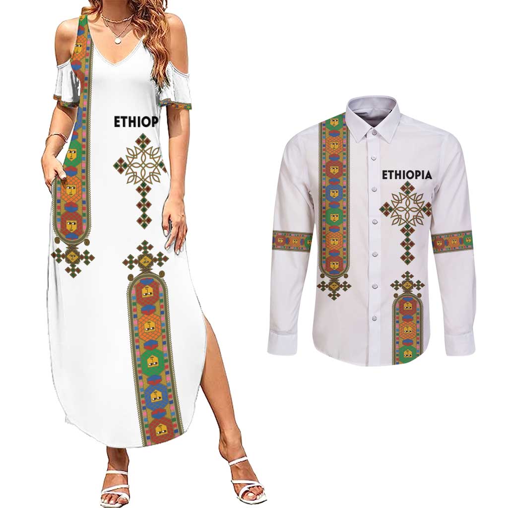 Ethiopia Saba Kemis Couples Matching Summer Maxi Dress and Long Sleeve Button Shirt Ethiopian Cross Lion Of Judah
