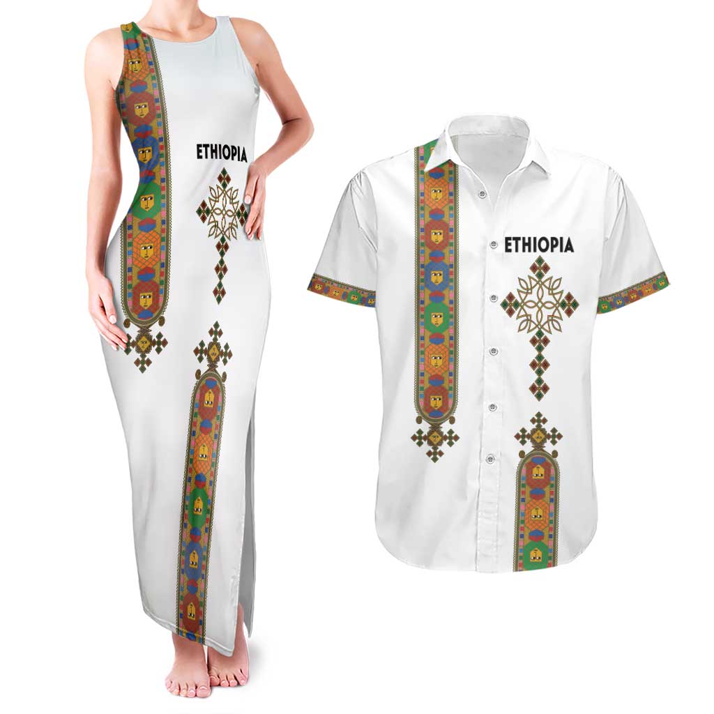 Ethiopia Saba Kemis Couples Matching Tank Maxi Dress and Hawaiian Shirt Ethiopian Cross Lion Of Judah