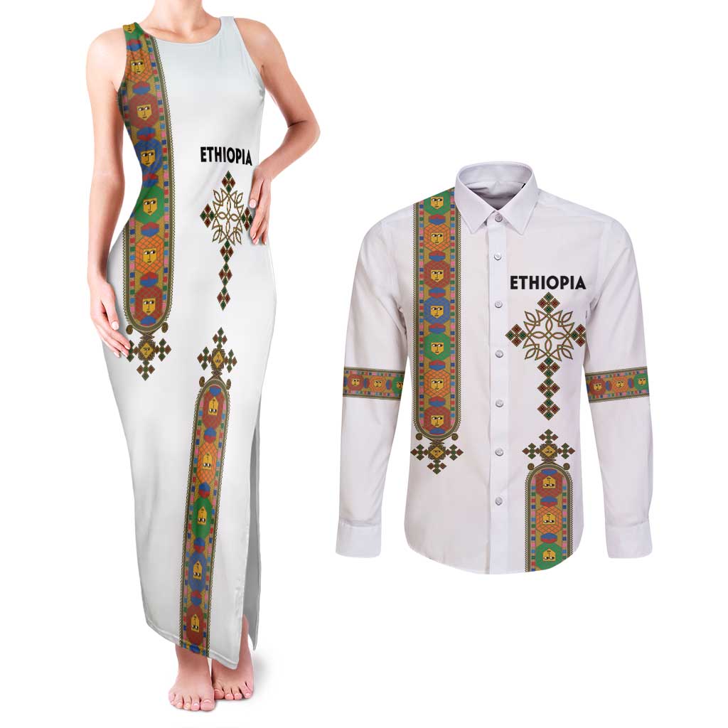 Ethiopia Saba Kemis Couples Matching Tank Maxi Dress and Long Sleeve Button Shirt Ethiopian Cross Lion Of Judah