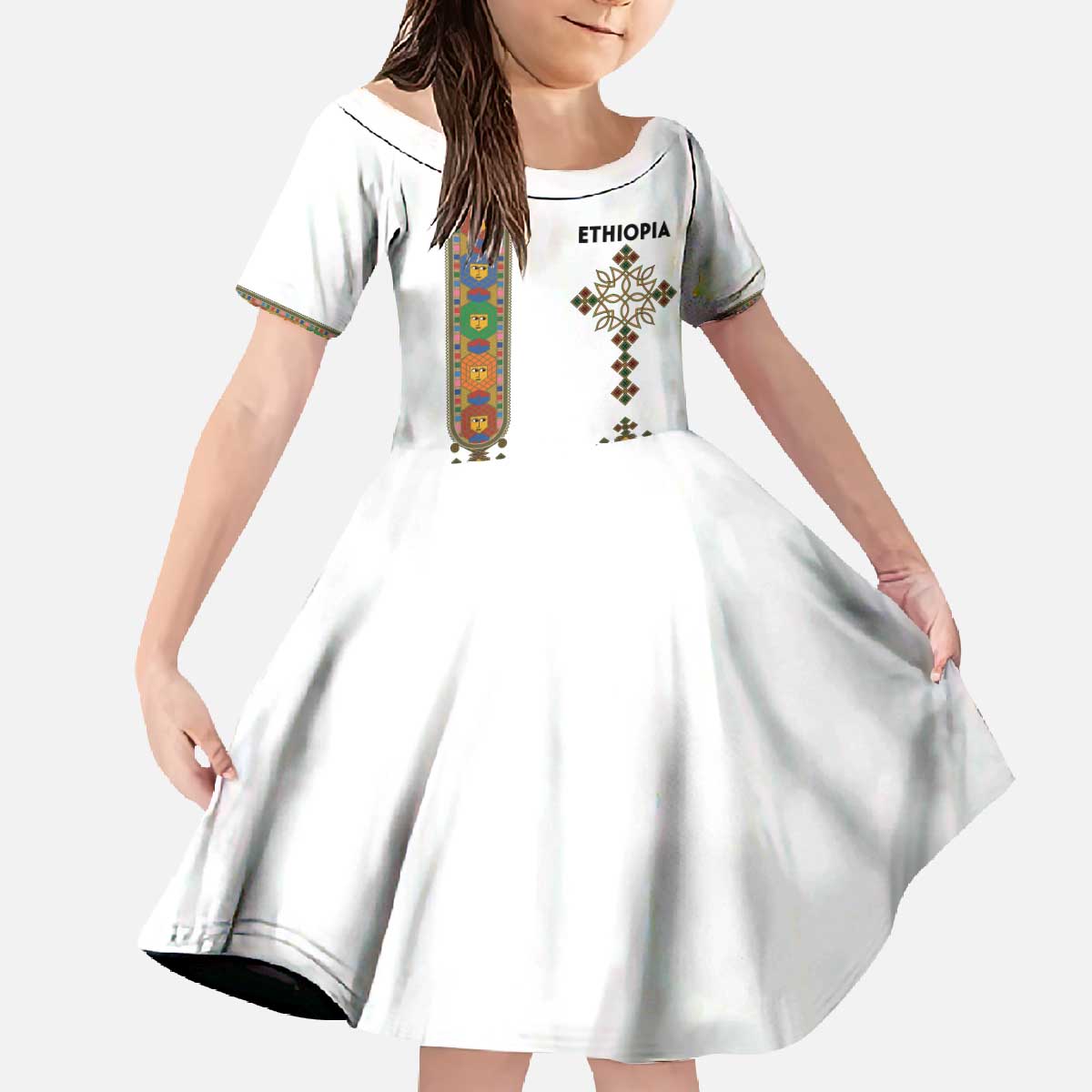 Ethiopia Saba Kemis Family Matching Off The Shoulder Long Sleeve Dress and Hawaiian Shirt Ethiopian Cross Lion Of Judah