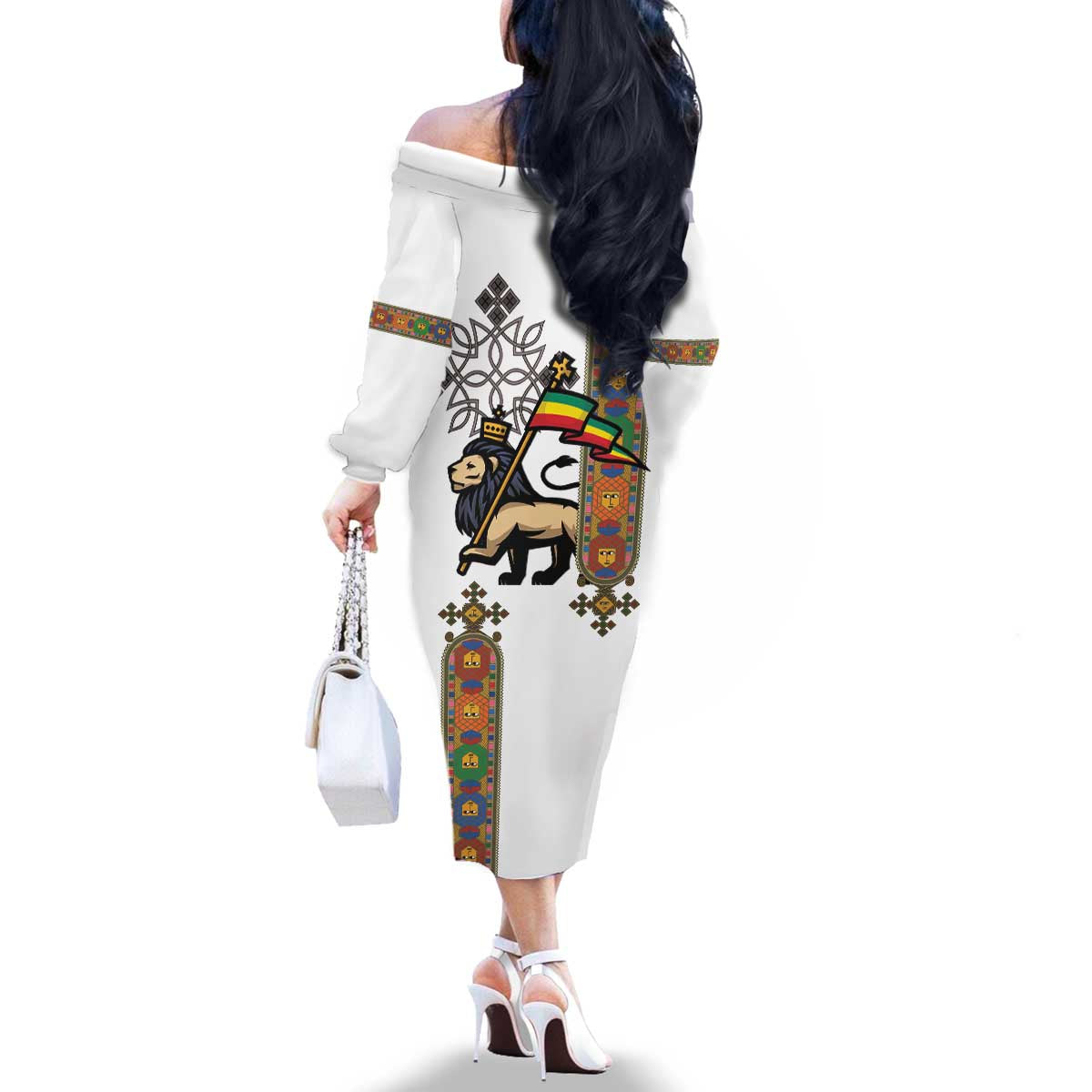 Ethiopia Saba Kemis Family Matching Off The Shoulder Long Sleeve Dress and Hawaiian Shirt Ethiopian Cross Lion Of Judah