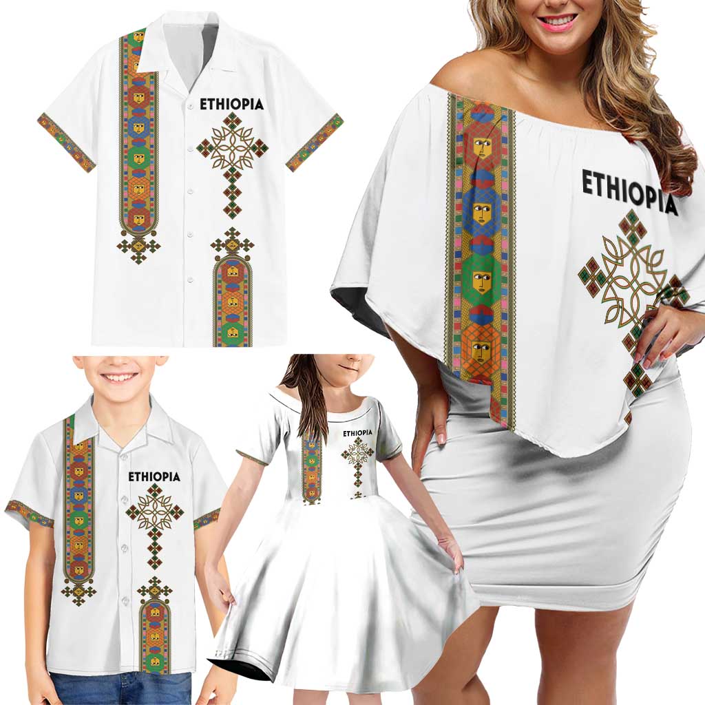 Ethiopia Saba Kemis Family Matching Off Shoulder Short Dress and Hawaiian Shirt Ethiopian Cross Lion Of Judah