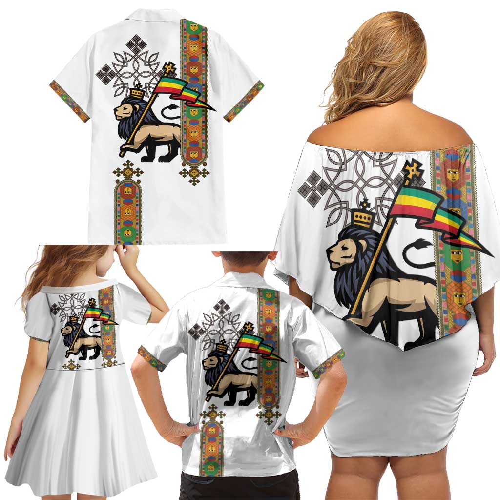 Ethiopia Saba Kemis Family Matching Off Shoulder Short Dress and Hawaiian Shirt Ethiopian Cross Lion Of Judah
