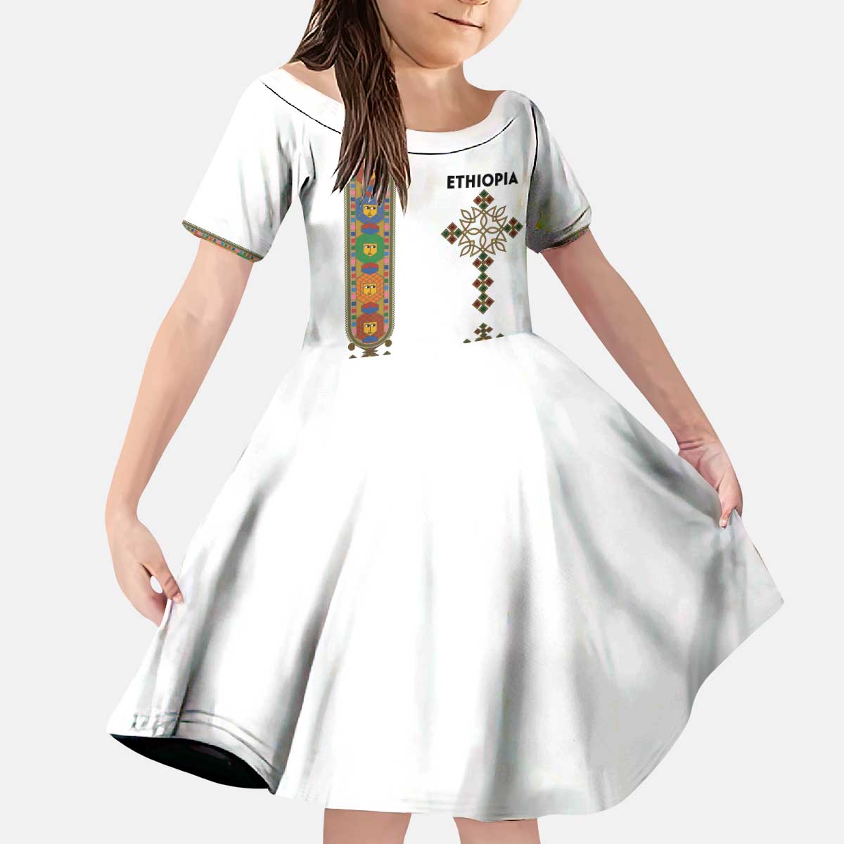 Ethiopia Saba Kemis Kid Short Sleeve Dress Ethiopian Cross Lion Of Judah
