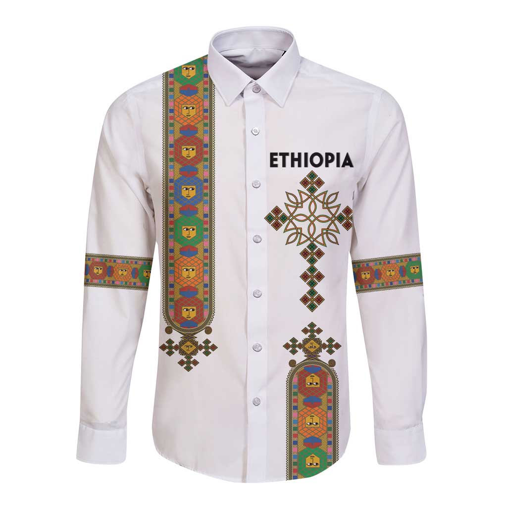 Ethiopia Saba Kemis Long Sleeve Button Shirt Ethiopian Cross Lion Of Judah