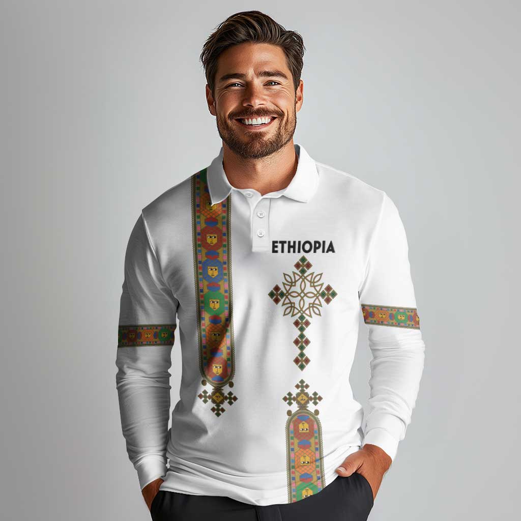 Ethiopia Saba Kemis Long Sleeve Polo Shirt Ethiopian Cross Lion Of Judah
