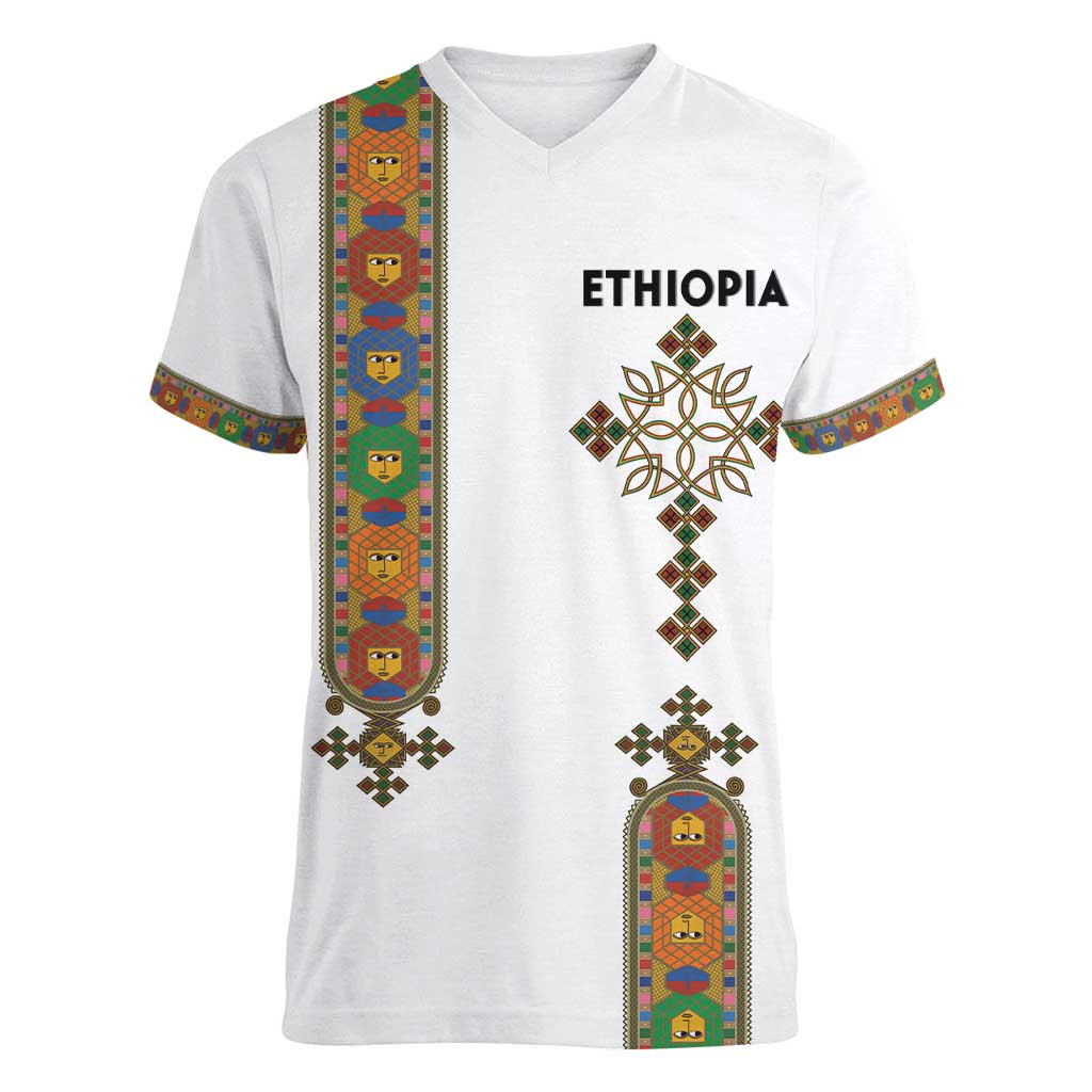 Ethiopia Saba Kemis Women V-Neck T-Shirt Ethiopian Cross Lion Of Judah