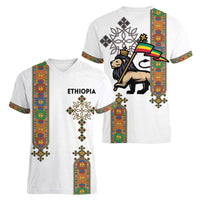 Ethiopia Saba Kemis Women V-Neck T-Shirt Ethiopian Cross Lion Of Judah