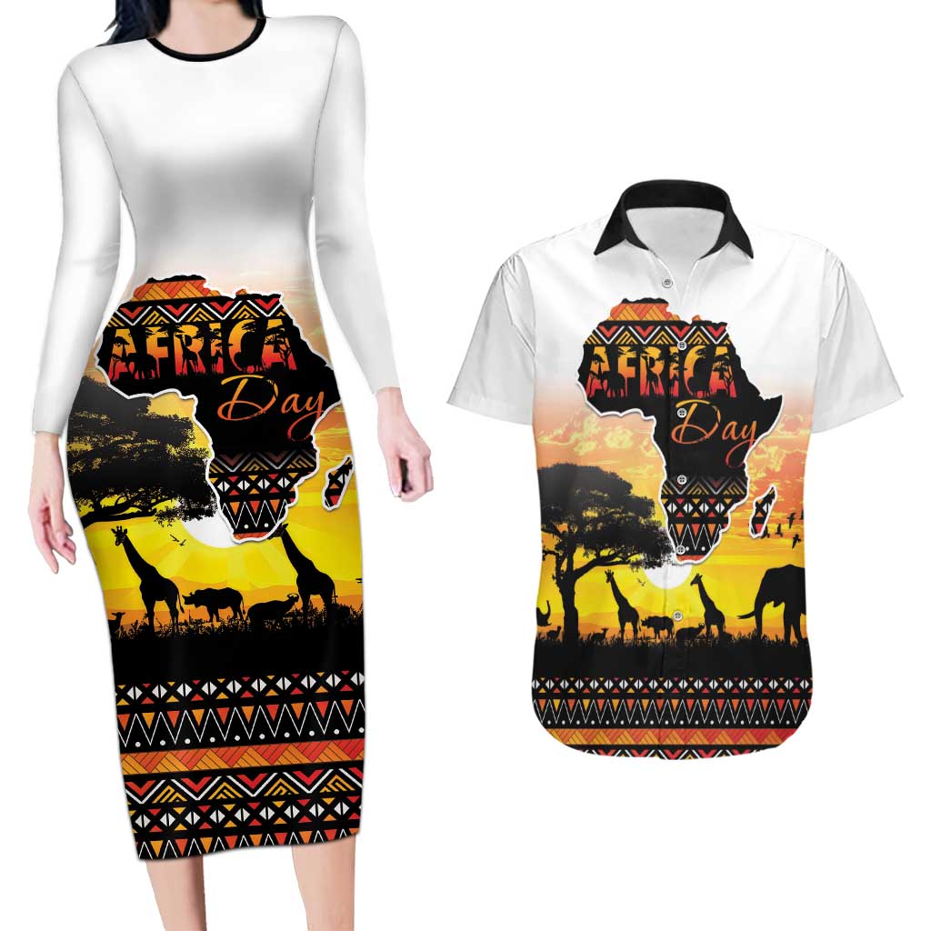 Happy Africa Day Couples Matching Long Sleeve Bodycon Dress and Hawaiian Shirt African Safari With Map
