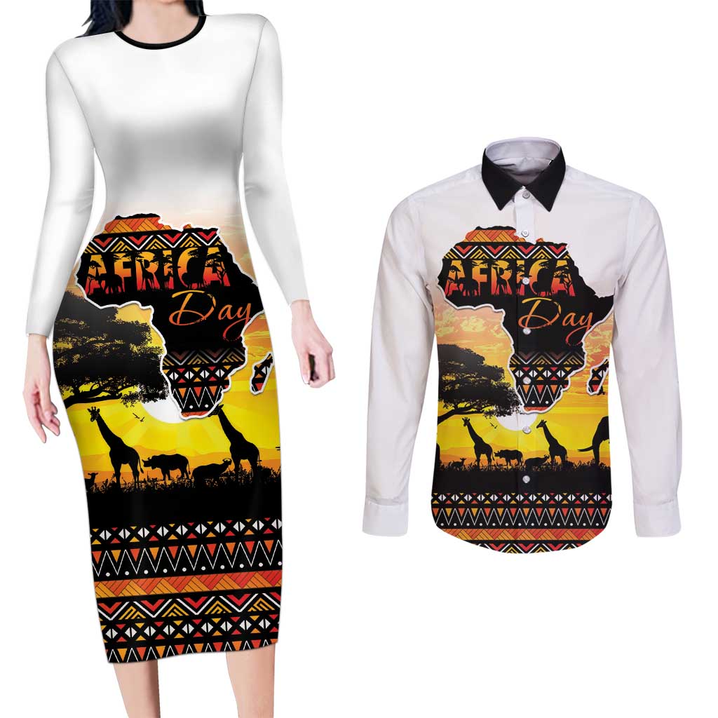 Happy Africa Day Couples Matching Long Sleeve Bodycon Dress and Long Sleeve Button Shirt African Safari With Map