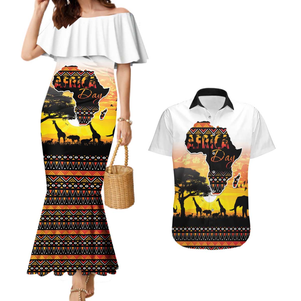 Happy Africa Day Couples Matching Mermaid Dress and Hawaiian Shirt African Safari With Map