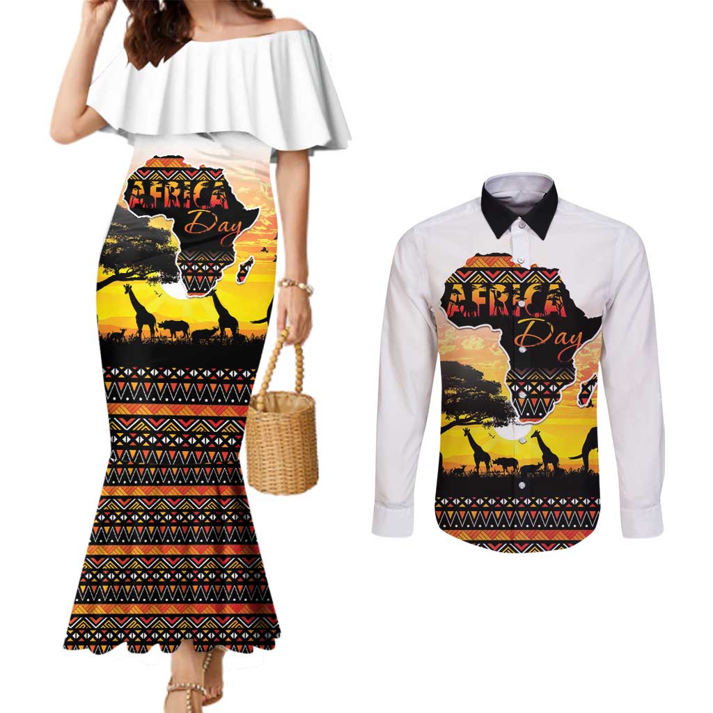Happy Africa Day Couples Matching Mermaid Dress and Long Sleeve Button Shirt African Safari With Map