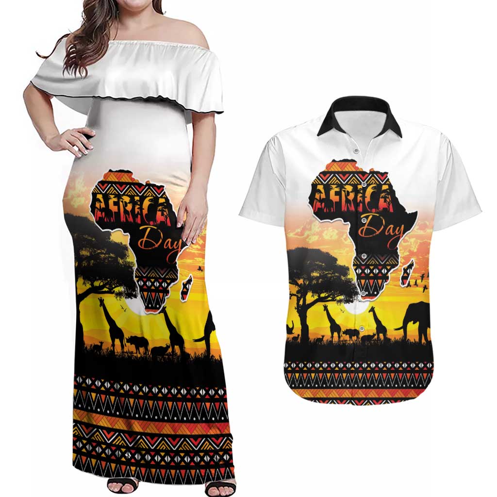 Happy Africa Day Couples Matching Off Shoulder Maxi Dress and Hawaiian Shirt African Safari With Map