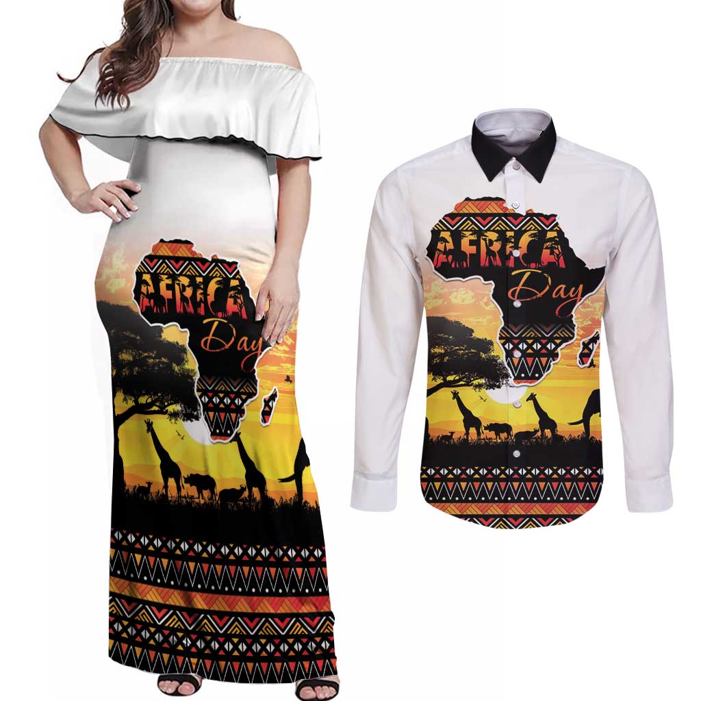 Happy Africa Day Couples Matching Off Shoulder Maxi Dress and Long Sleeve Button Shirt African Safari With Map