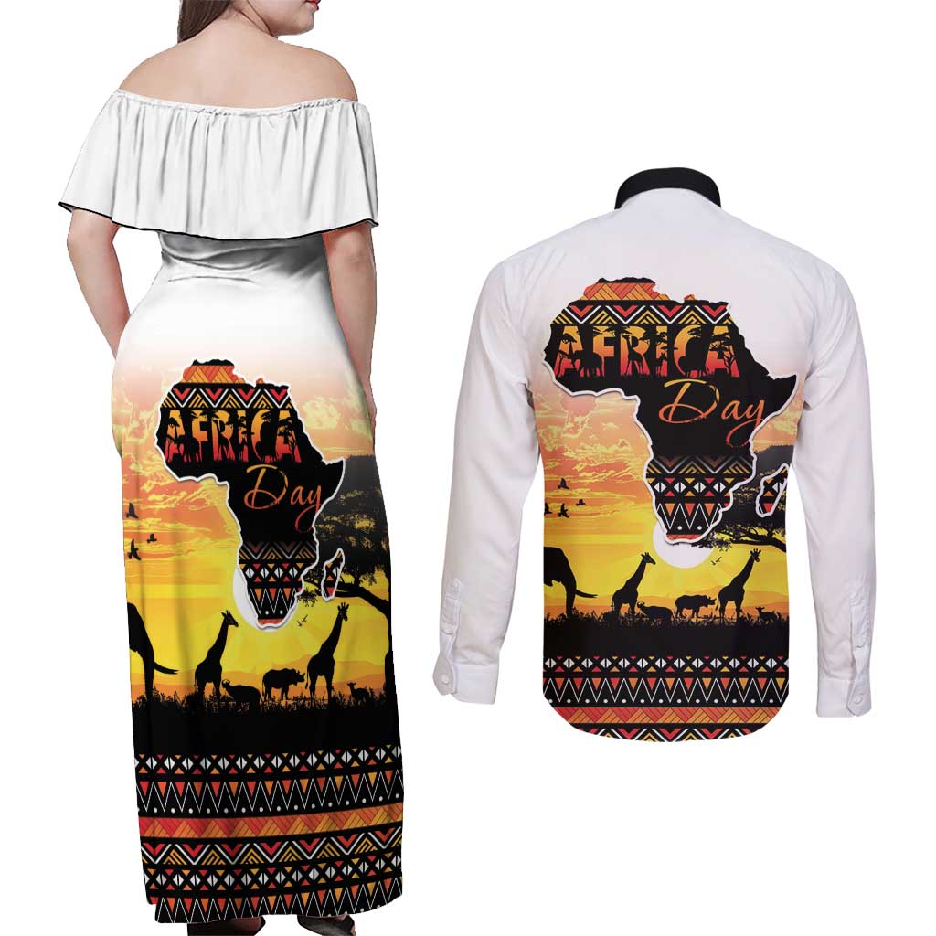 Happy Africa Day Couples Matching Off Shoulder Maxi Dress and Long Sleeve Button Shirt African Safari With Map