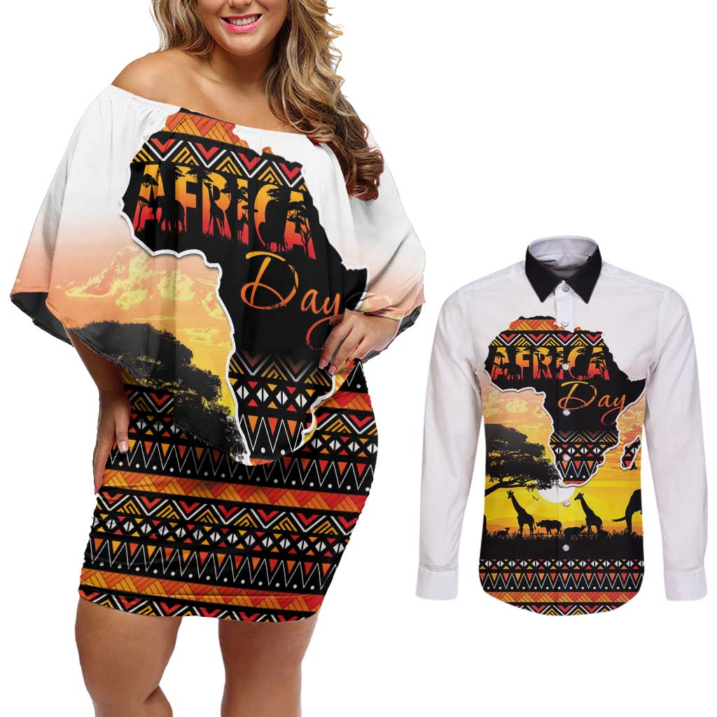 Happy Africa Day Couples Matching Off Shoulder Short Dress and Long Sleeve Button Shirt African Safari With Map
