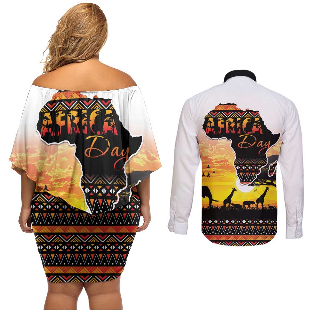 Happy Africa Day Couples Matching Off Shoulder Short Dress and Long Sleeve Button Shirt African Safari With Map