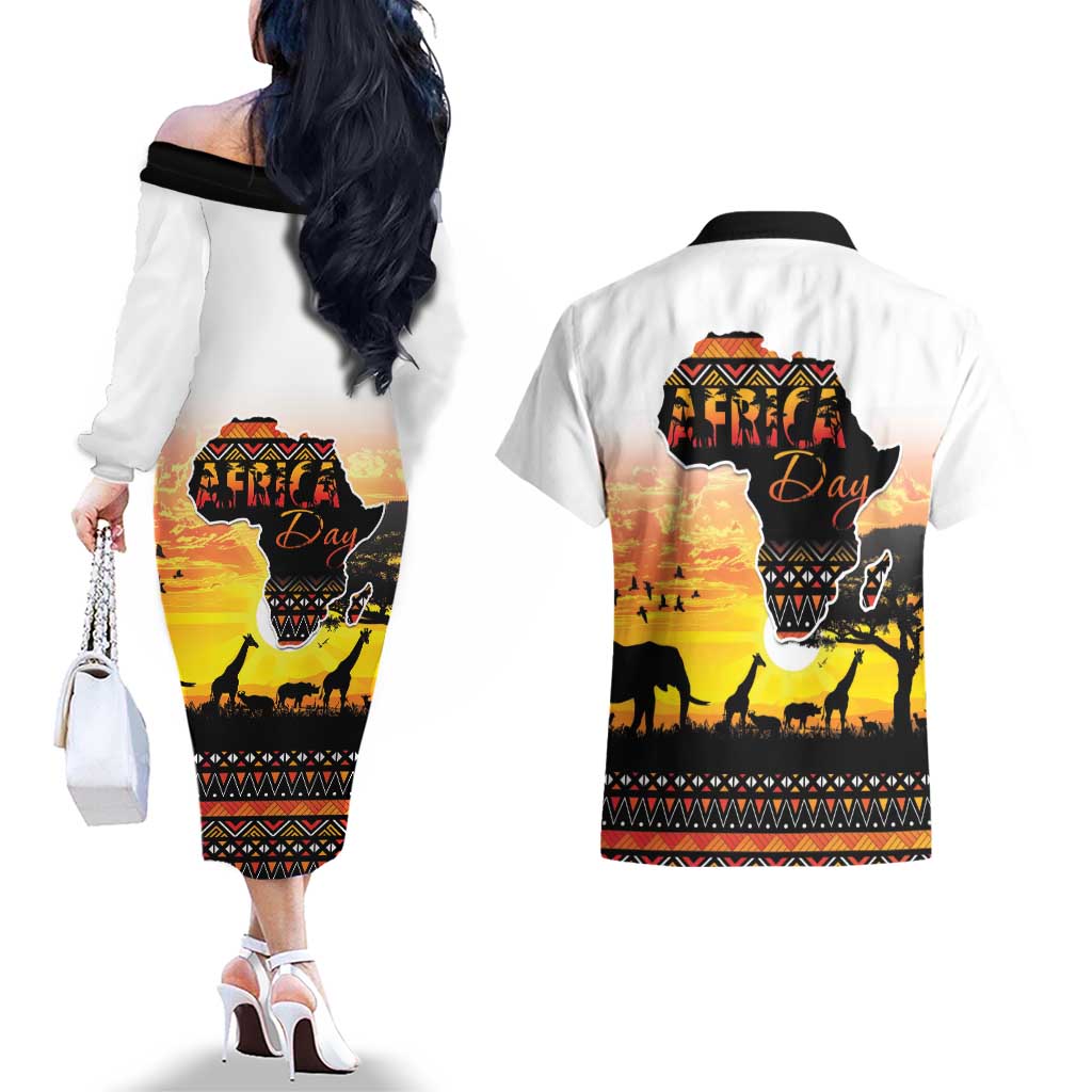 Happy Africa Day Couples Matching Off The Shoulder Long Sleeve Dress and Hawaiian Shirt African Safari With Map