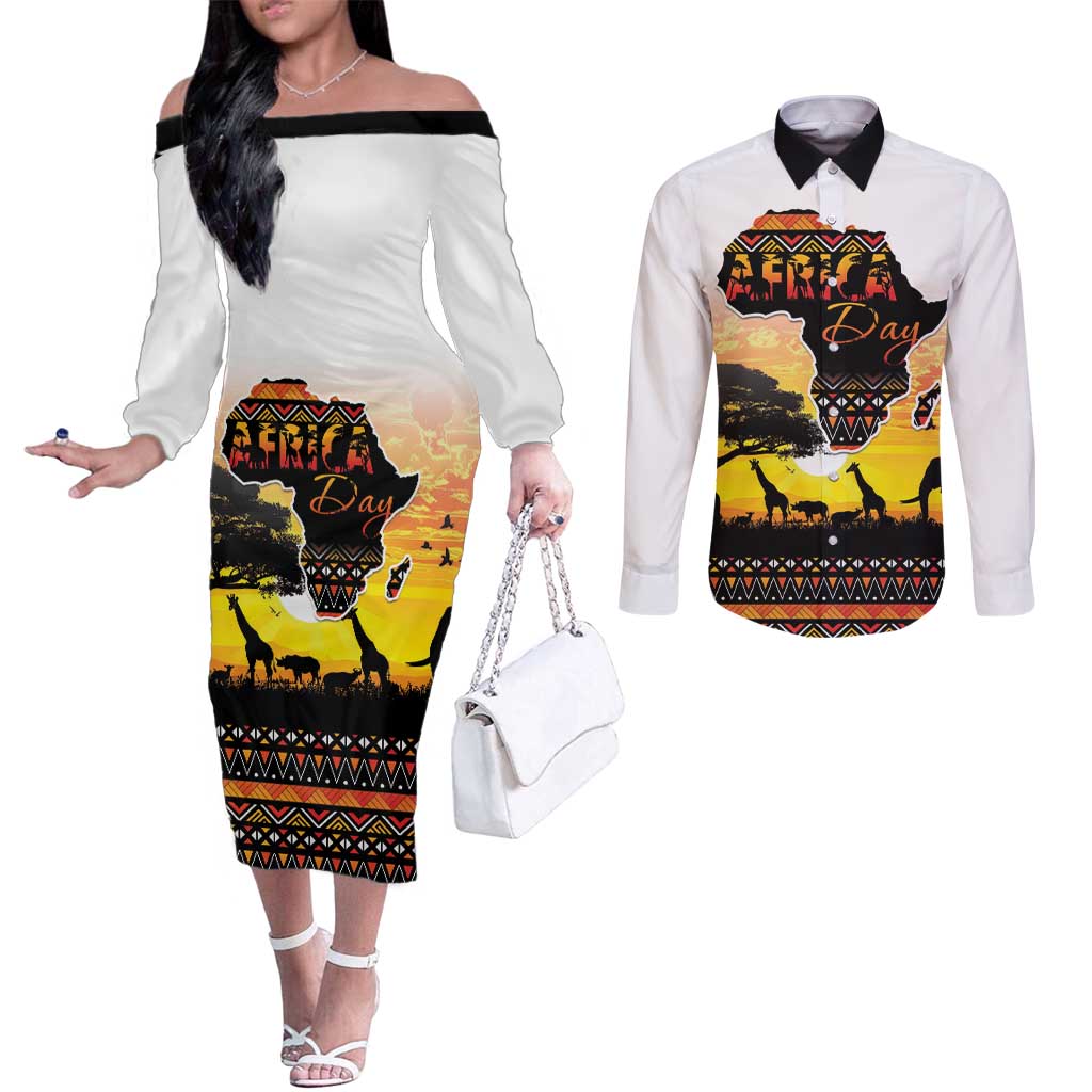 Happy Africa Day Couples Matching Off The Shoulder Long Sleeve Dress and Long Sleeve Button Shirt African Safari With Map
