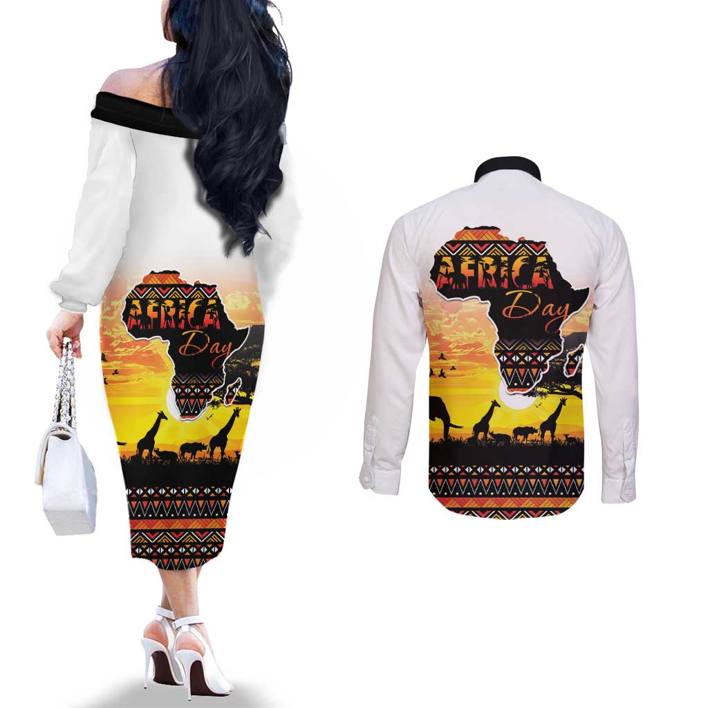 Happy Africa Day Couples Matching Off The Shoulder Long Sleeve Dress and Long Sleeve Button Shirt African Safari With Map