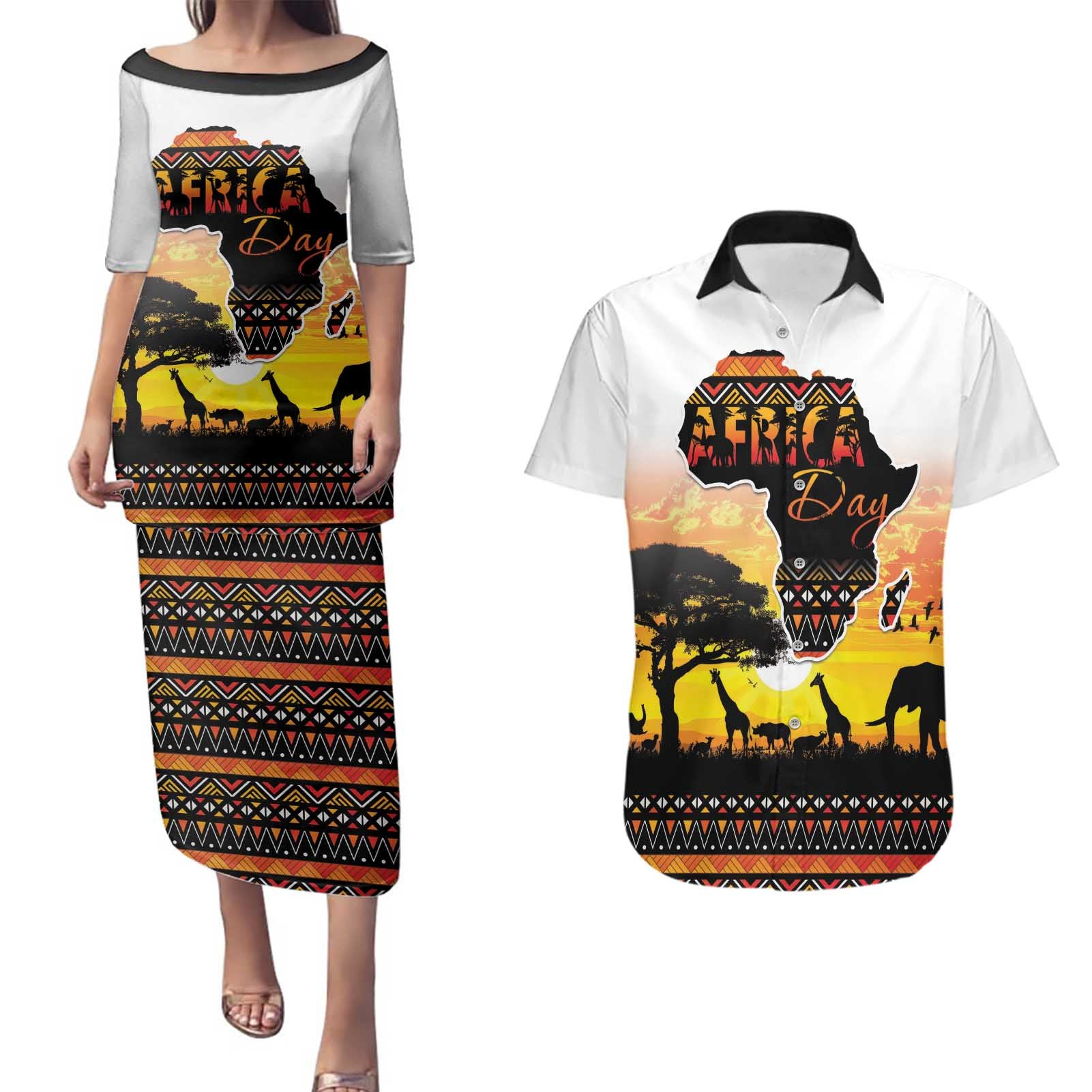 Happy Africa Day Couples Matching Puletasi and Hawaiian Shirt African Safari With Map