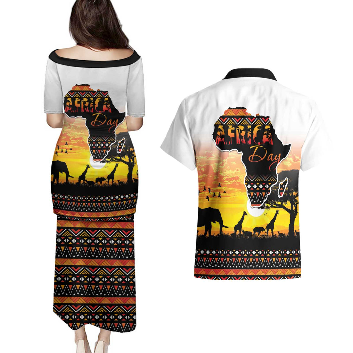 Happy Africa Day Couples Matching Puletasi and Hawaiian Shirt African Safari With Map