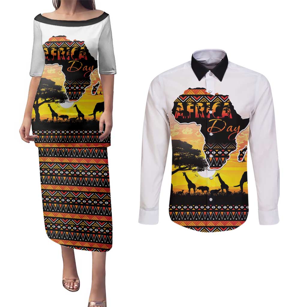 Happy Africa Day Couples Matching Puletasi and Long Sleeve Button Shirt African Safari With Map