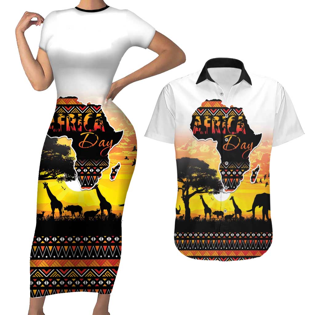 Happy Africa Day Couples Matching Short Sleeve Bodycon Dress and Hawaiian Shirt African Safari With Map