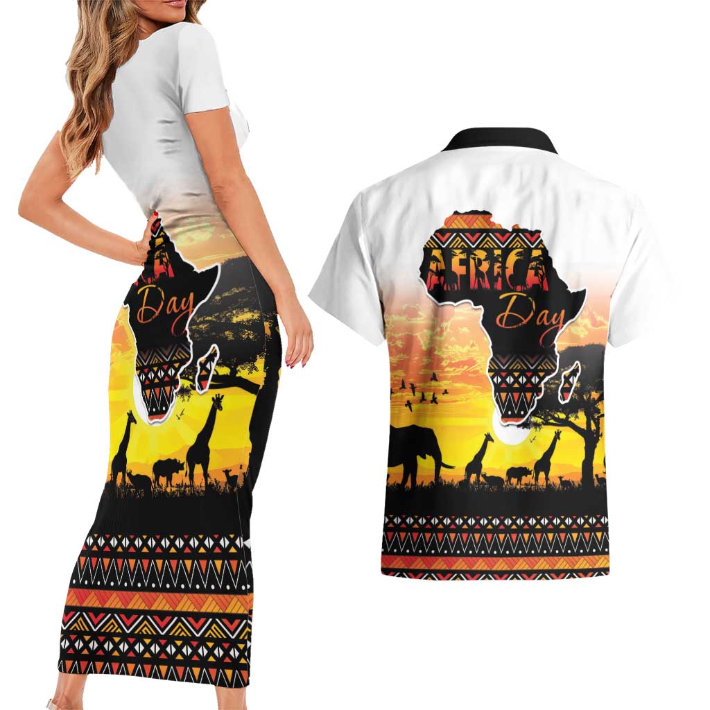 Happy Africa Day Couples Matching Short Sleeve Bodycon Dress and Hawaiian Shirt African Safari With Map