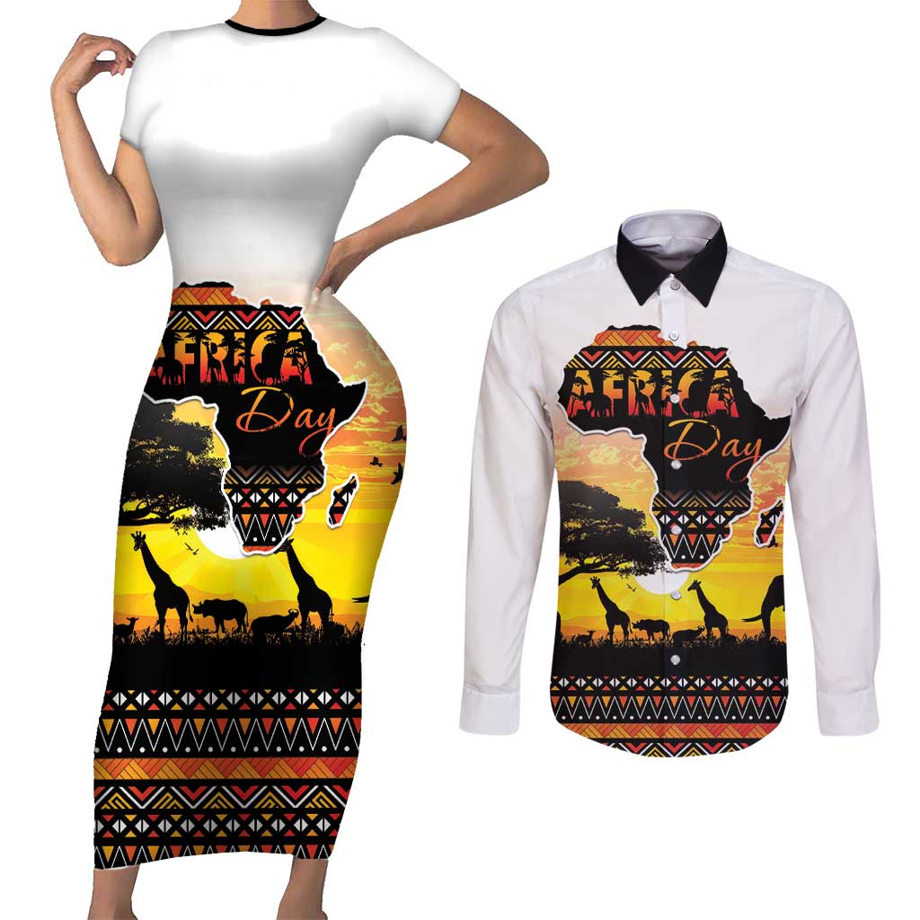 Happy Africa Day Couples Matching Short Sleeve Bodycon Dress and Long Sleeve Button Shirt African Safari With Map