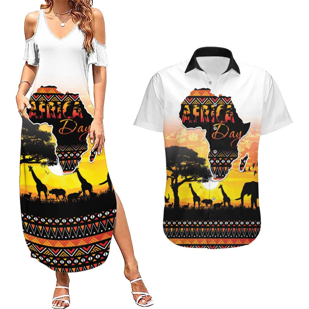 Happy Africa Day Couples Matching Summer Maxi Dress and Hawaiian Shirt African Safari With Map