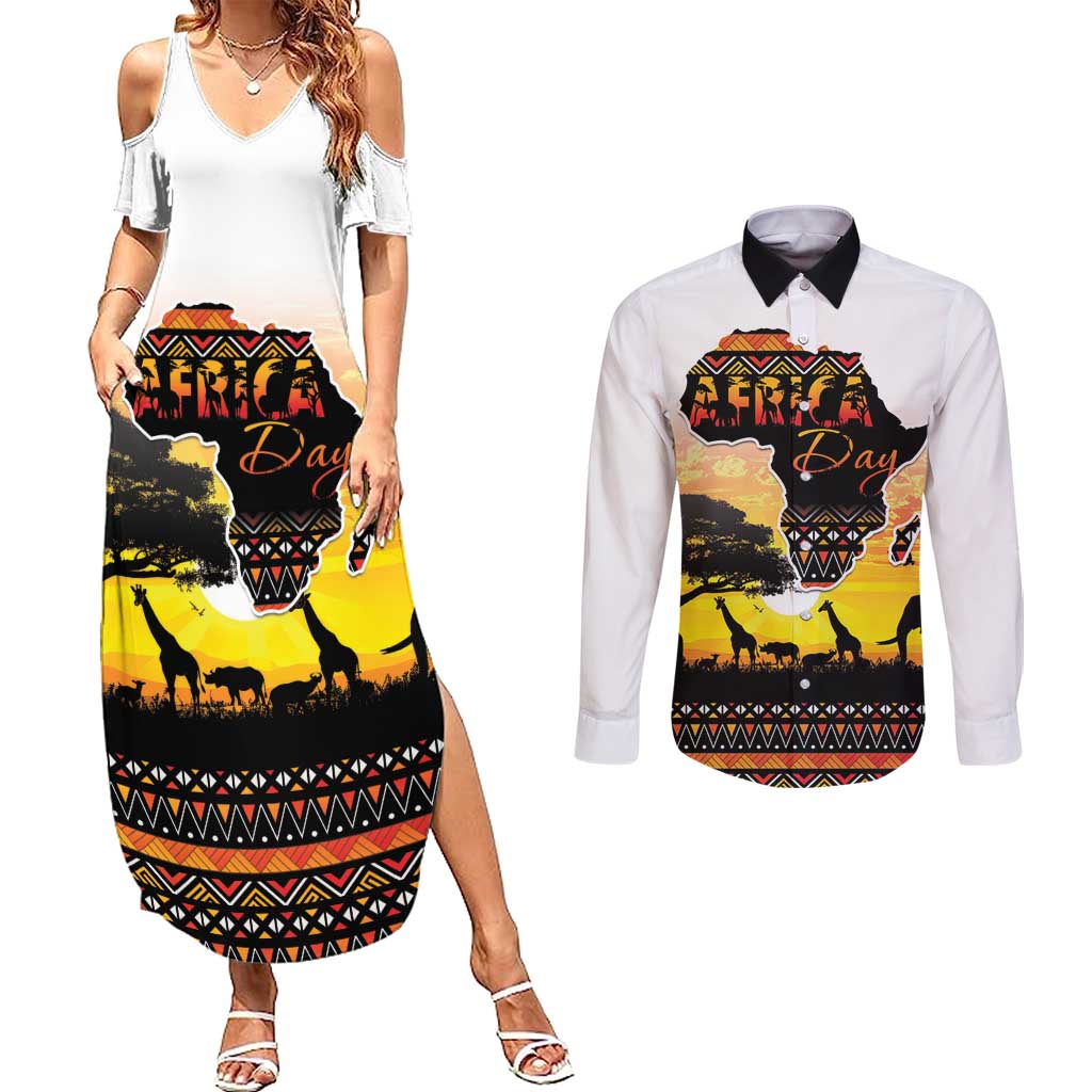 Happy Africa Day Couples Matching Summer Maxi Dress and Long Sleeve Button Shirt African Safari With Map