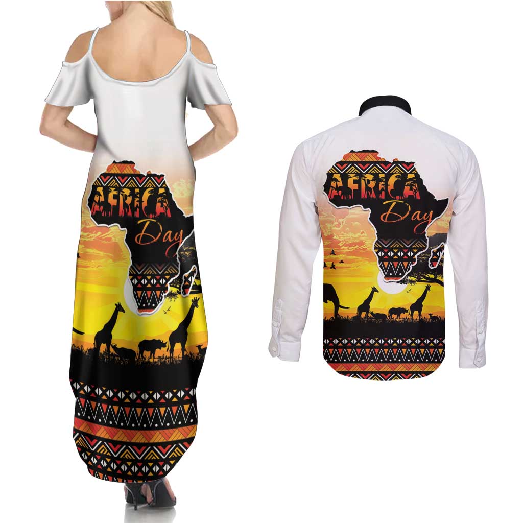 Happy Africa Day Couples Matching Summer Maxi Dress and Long Sleeve Button Shirt African Safari With Map