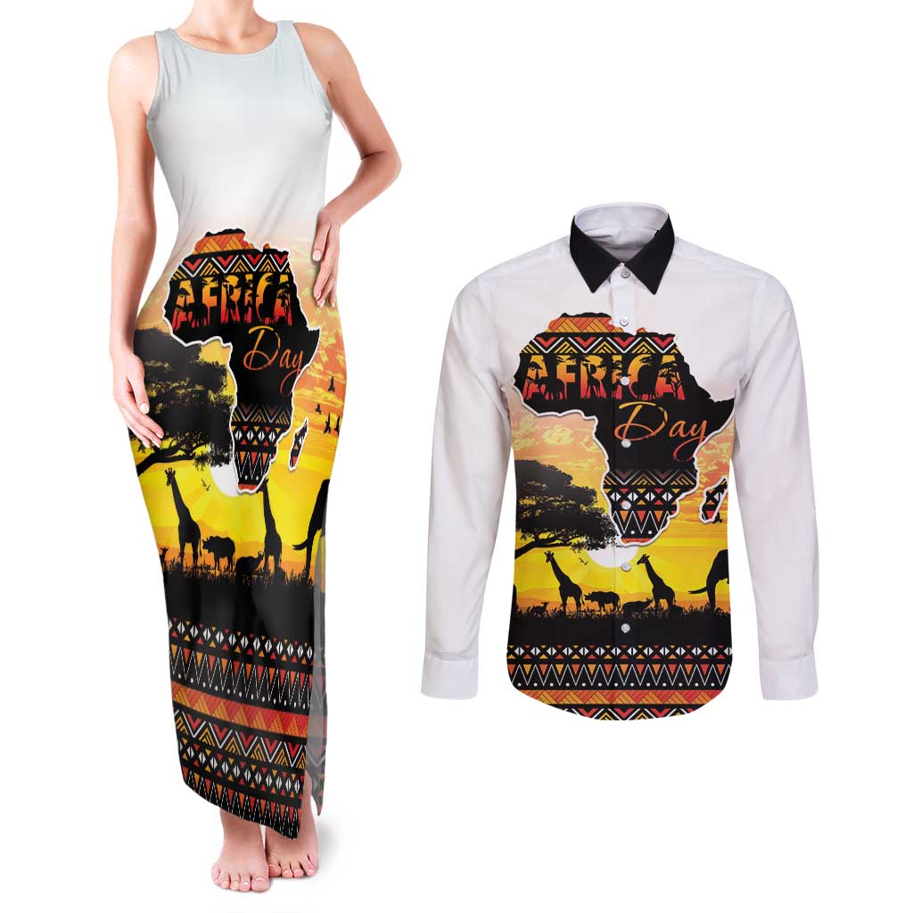 Happy Africa Day Couples Matching Tank Maxi Dress and Long Sleeve Button Shirt African Safari With Map