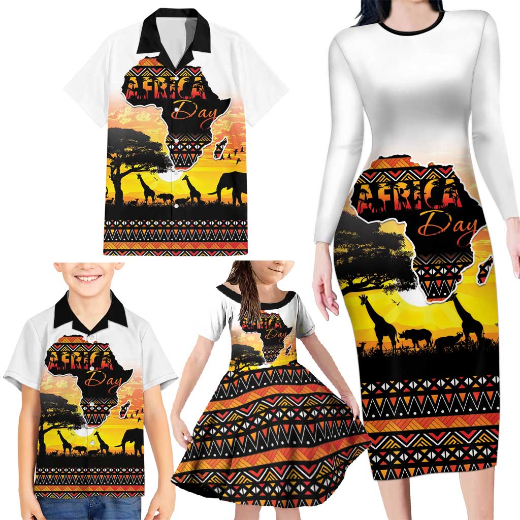 Happy Africa Day Family Matching Long Sleeve Bodycon Dress and Hawaiian Shirt African Safari With Map