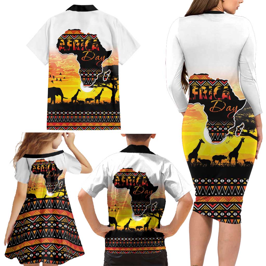 Happy Africa Day Family Matching Long Sleeve Bodycon Dress and Hawaiian Shirt African Safari With Map